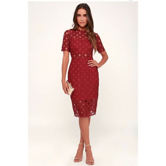 Lulus Burgundy Crochet Laced Bodycon Midi Dress Size S/ Party/ Cocktail/Formal - Picture 1 of 15